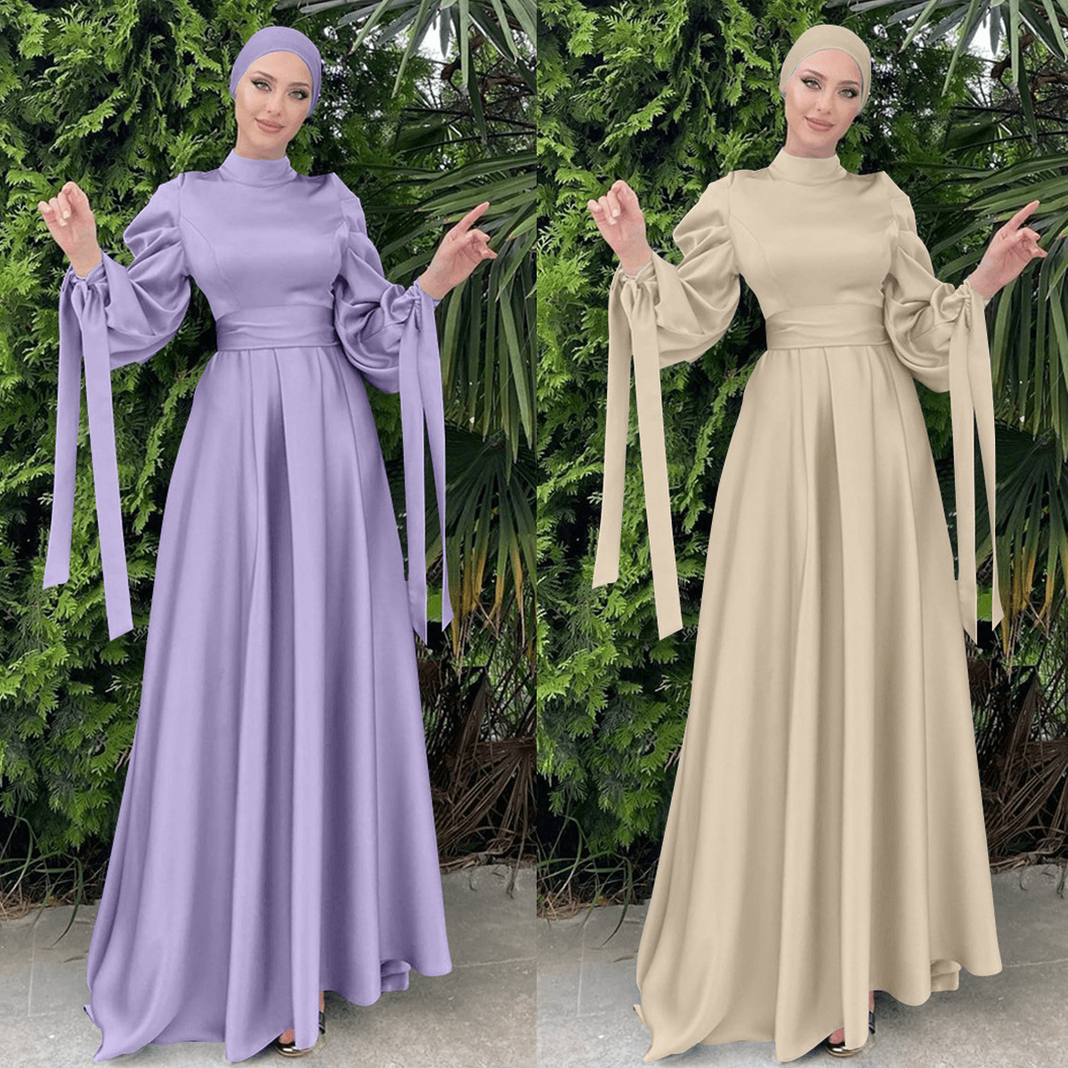 Women's New Stand-up Collar Satin Dress, Soft Waist Bubble Sleeve Dress