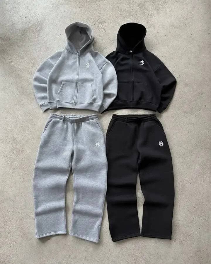 Unisex Hooded Zippered Embroidered Sweatshirt And Pants Set