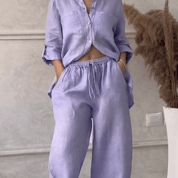 Women's Clothing Casual Cotton And Linen Solid Color Shirt Drawstring Wide Leg Pants Suit