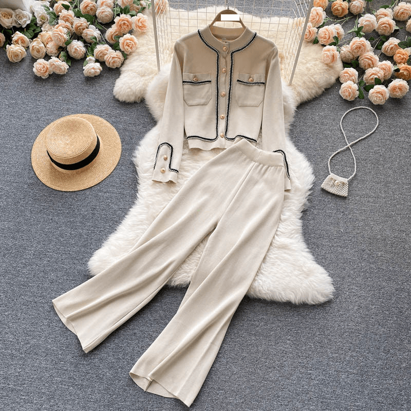 Women's Clothing Light and mature style knitted suit new autumn design, single breasted cardigan, high waisted slimming wide leg pants two piece set