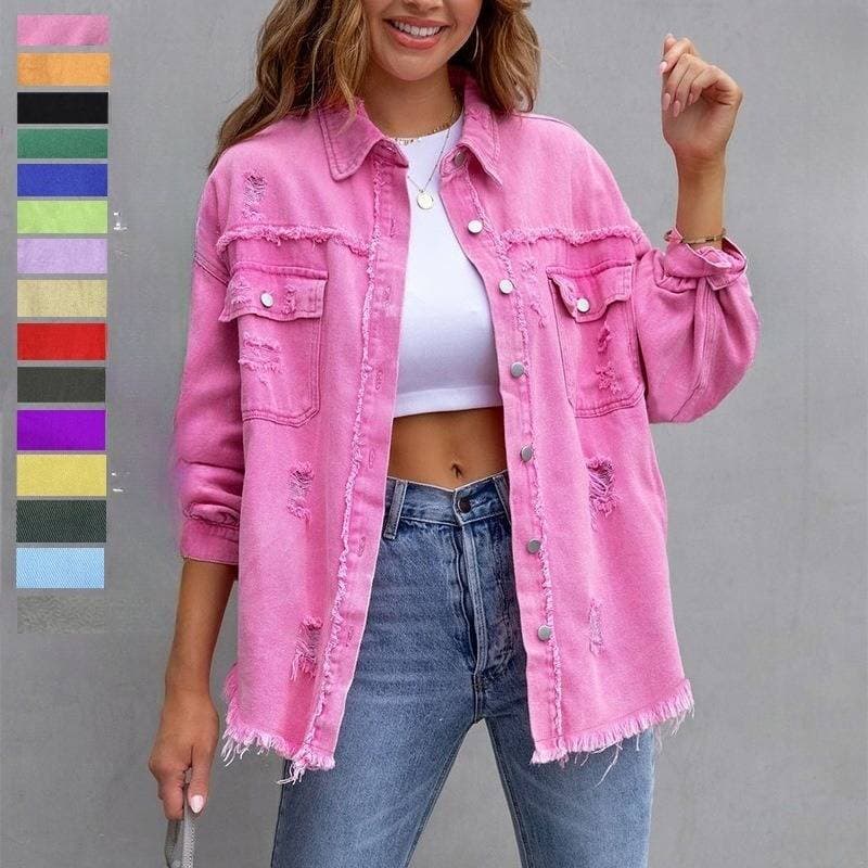 Women's Clothing Solid Color Mid Length Ripped Long Sleeved Denim Jacket