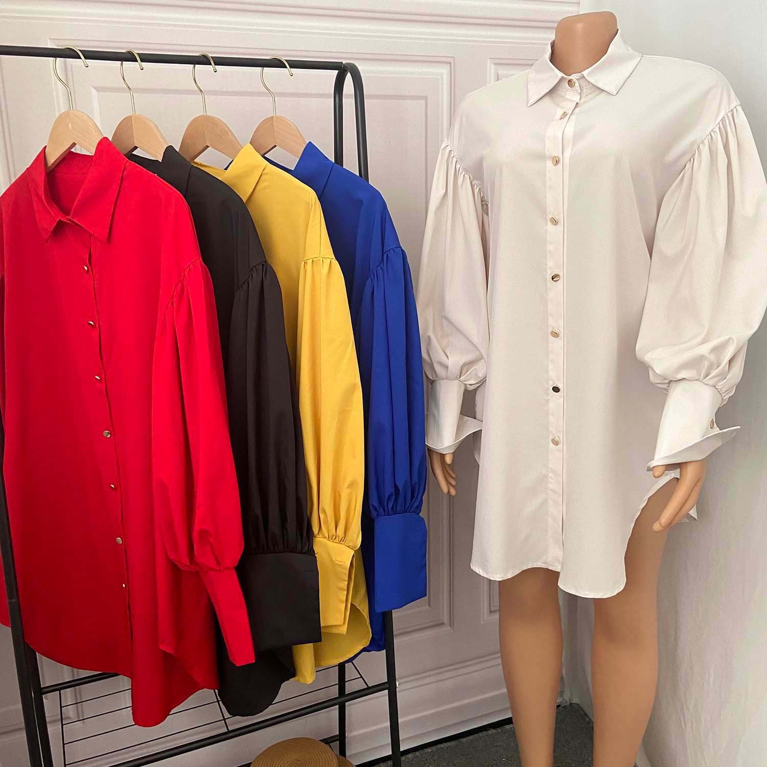 Women's Large Loose Bubble Sleeve Solid Color Casual Long Sleeve Shirt Dress