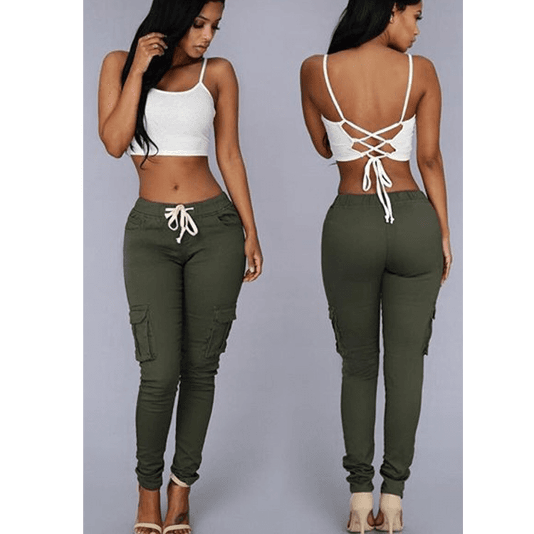 Women's Clothing Pencil Pants Multi Pocket Drawstring Ladies Casual Pants With Belt