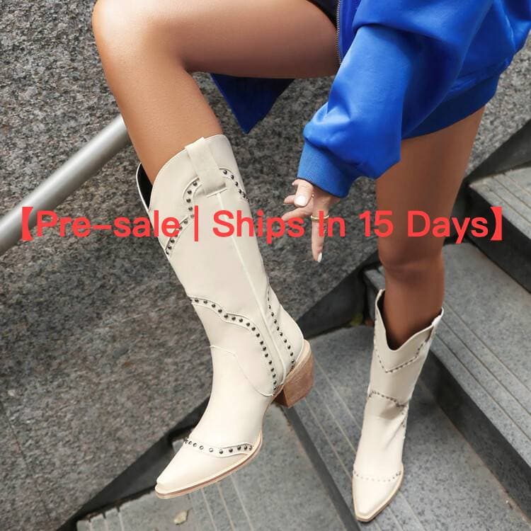 【Pre-sale | Ships In 15 Days】Western Studded Boots With Pointed Ears, High Chunky Heels, Plus Size Women's Slip-on Fashion Mid-calf Boots