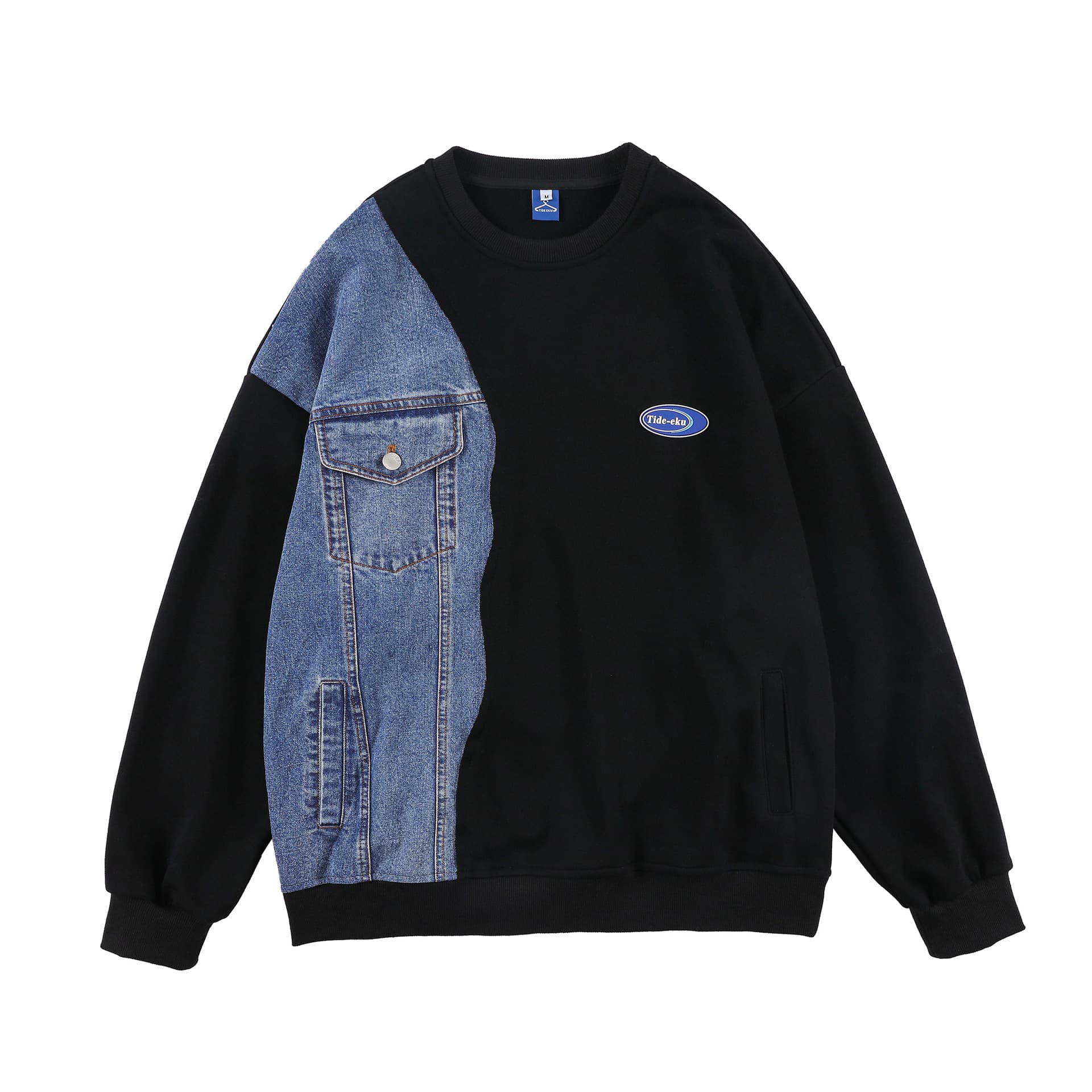 Men's Clothing Heavy denim splicing sweatshirt men's trend ins high street new pullover hip hop loose bf lazy style