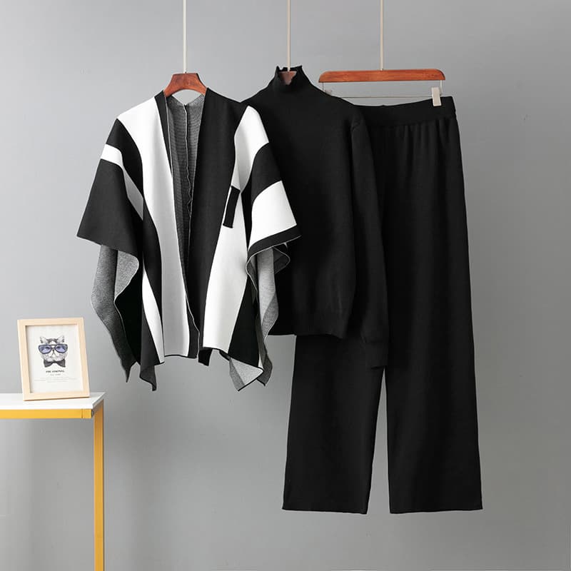 Ensemble en maille d'inspiration française pour femme – Gilet oversize, pull rayé et pantalon large (Taille unique, mélange de rayonne)