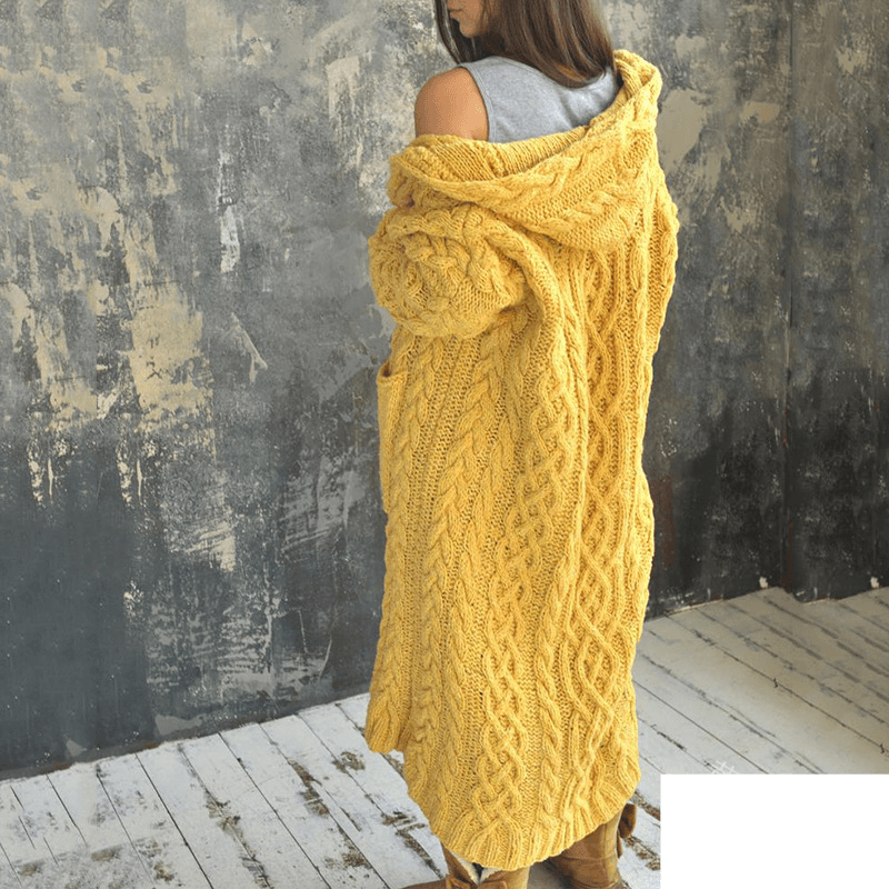 Women's Long Hooded Cardigan Sweater With Braids