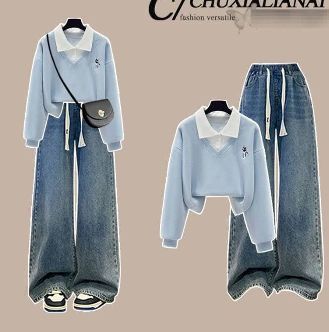 Women's College Style Loose Top & Elastic Waist Jeans Set – Trendy Two-Piece Outfit For Casual Comfort