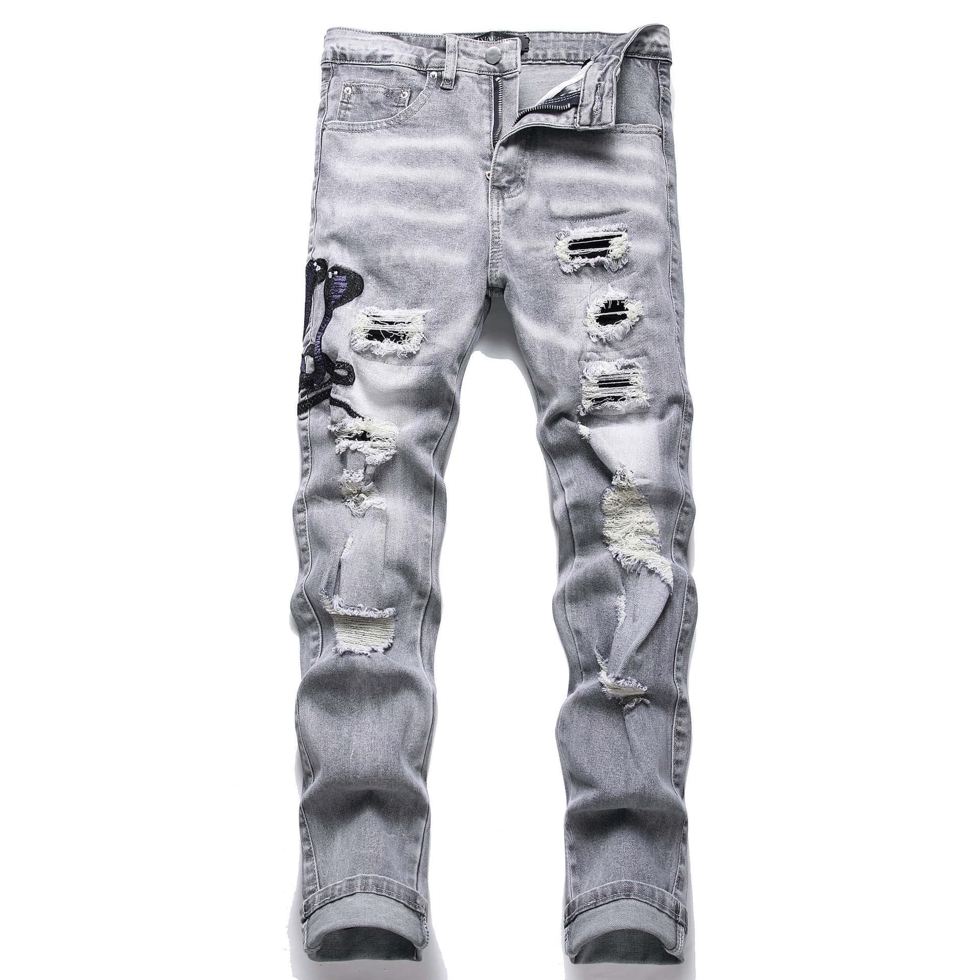 Men's Clothing Gray Distressed Embroidered Jeans, Trendy Stretch Slim Fit, American High Street Style Trousers