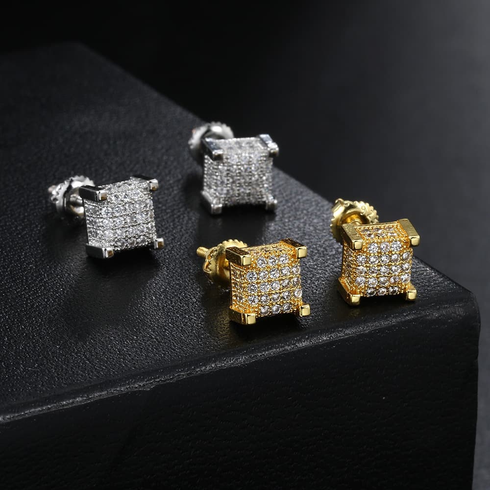 Unisex Square Thread Pins For Men Micro Inlaid Zircon Full Dia Ear Studs Street Fashion Hip Hop Popular Earrings