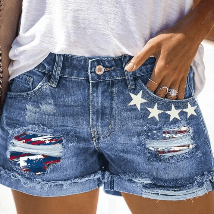 Women's jeans printed patches ripped cuffed denim shorts for women