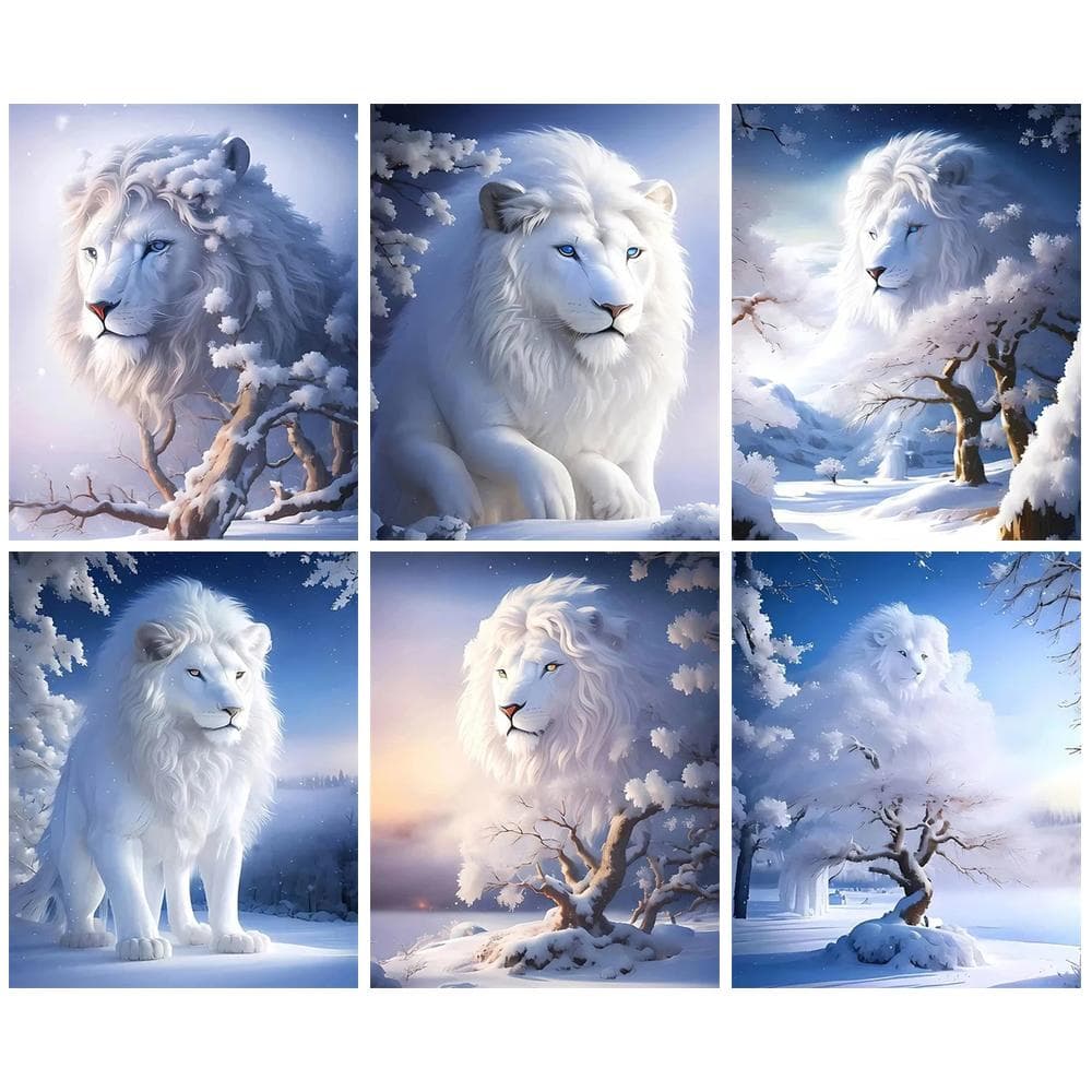 PhotoCustom Round Diamond White Lion Animal Diamond Embroidery Living Room Decoration Artwork