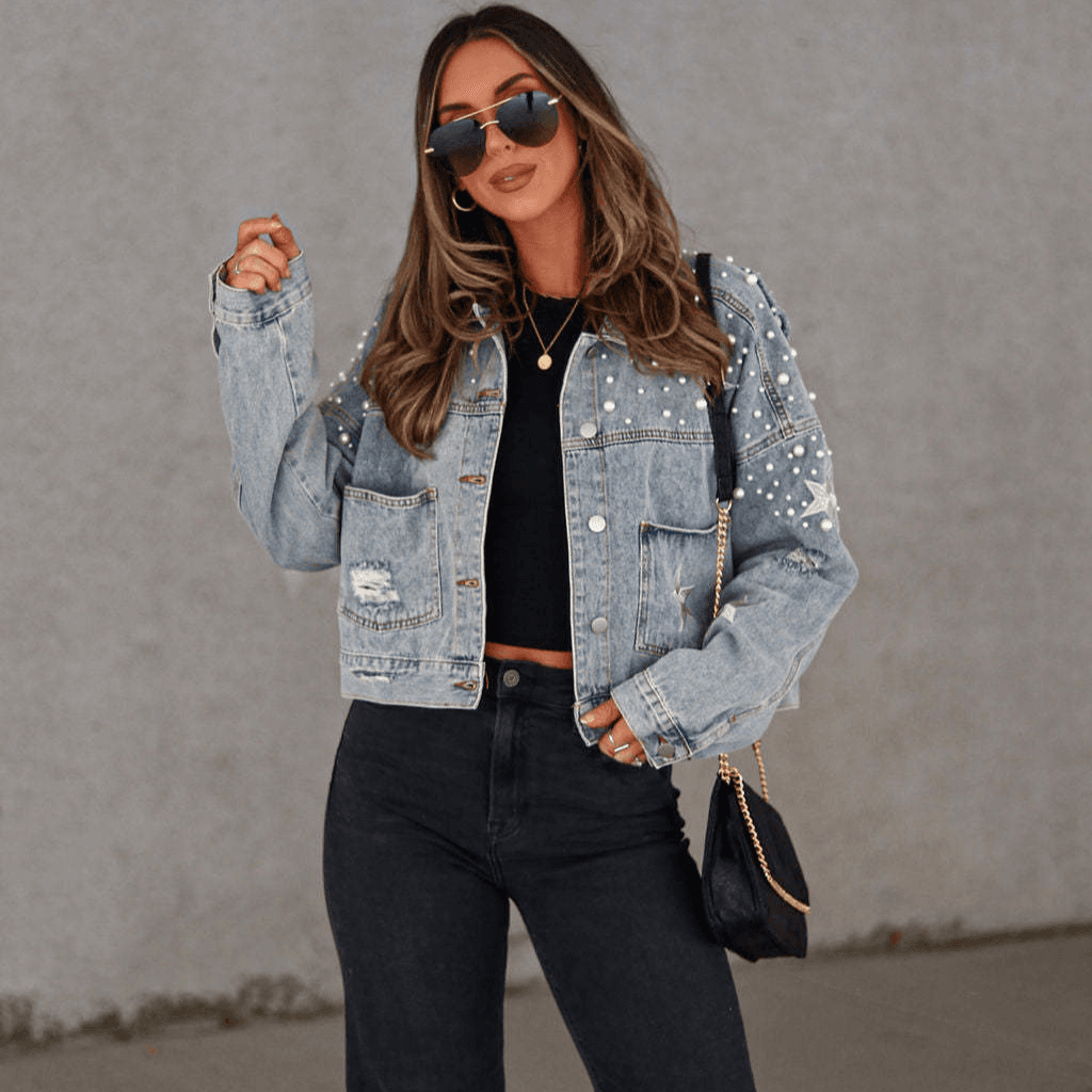 Women's Clothing Fashion Heavy Beaded Women's Loose Denim Jacket 3248