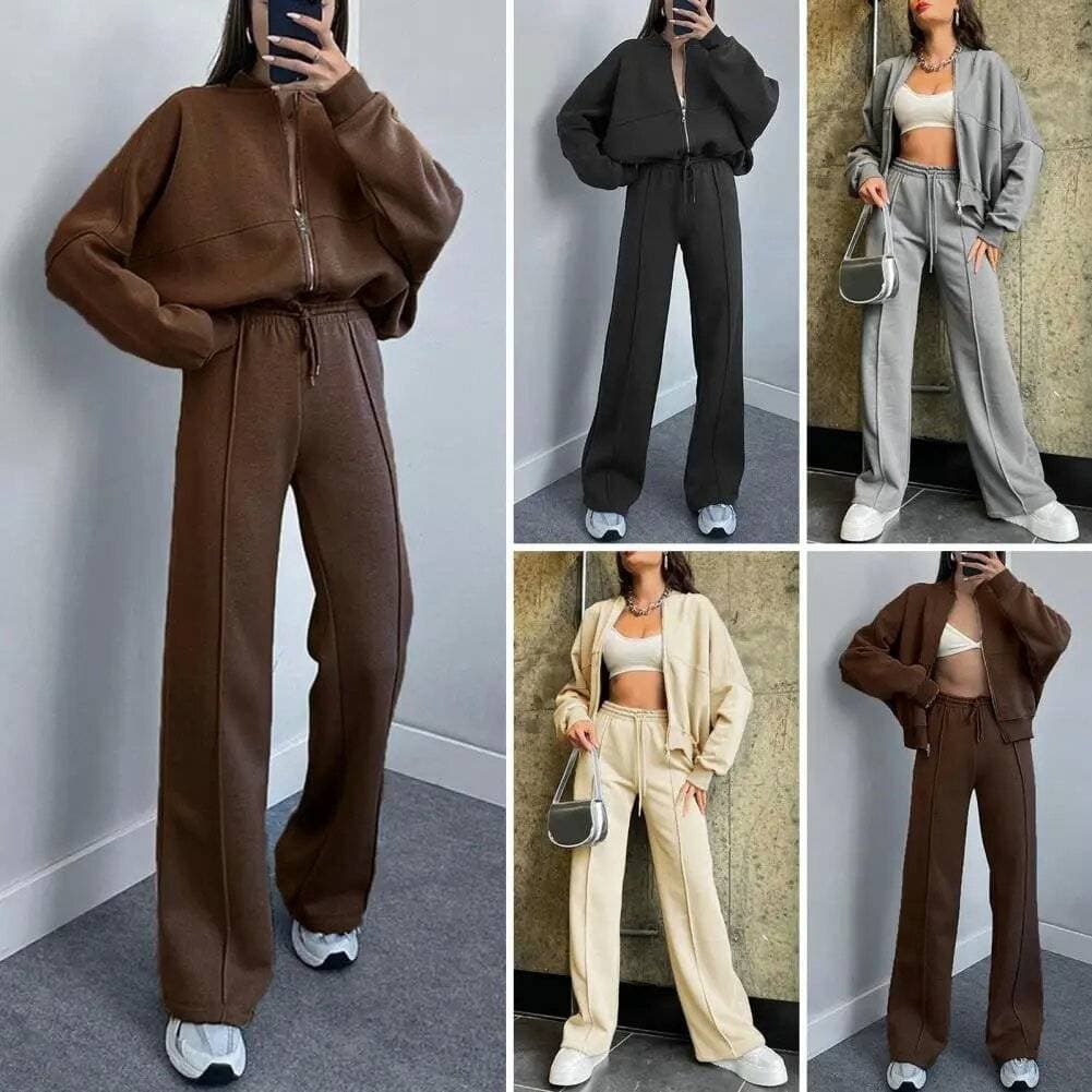 Women’s Zip-Up Hoodie & Wide-Leg Jogger Set – High-Neck Lounge Wear With Stretch Cuffs & Waist, Oversized Casual Outfit For All Seasons