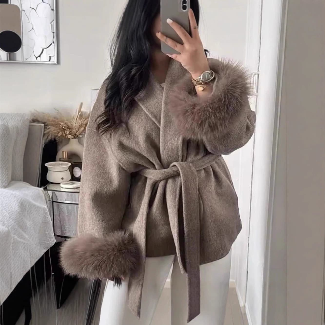 Women's Clothing Autumn And Winter Woolen Coat Short Coat Women's Cuffs Fur V Neck Lace Up Solid Color