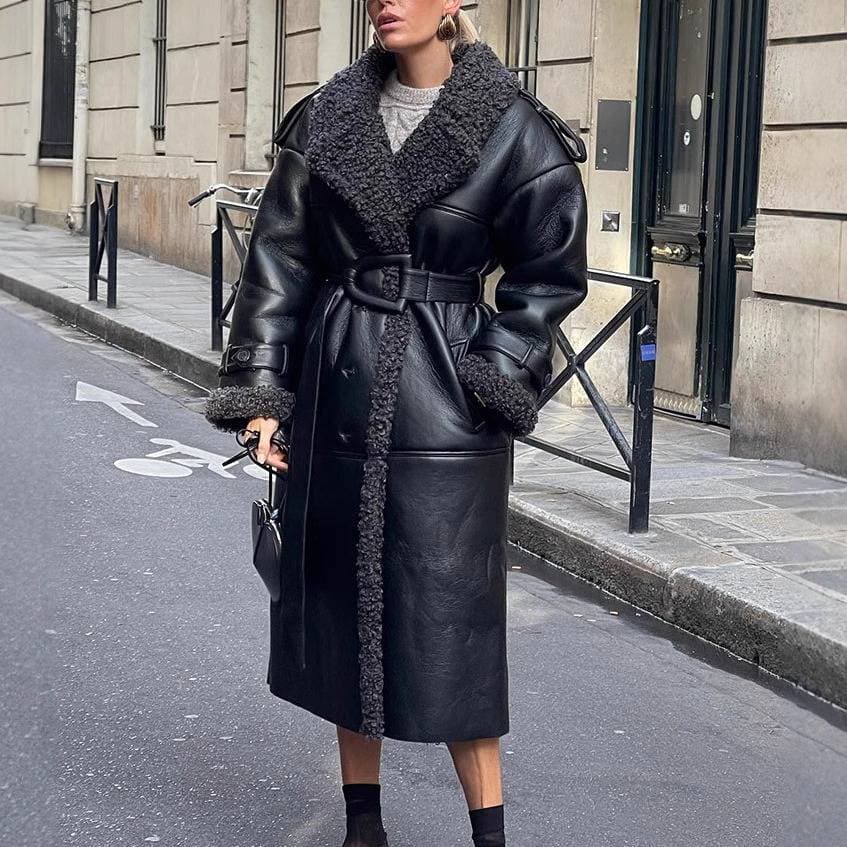 Women’s Black Long Faux Fur Leather Trench Coat – Belted Oversized Streetwear Jacket For EU/US (S-L, Edgy & Elegant)​