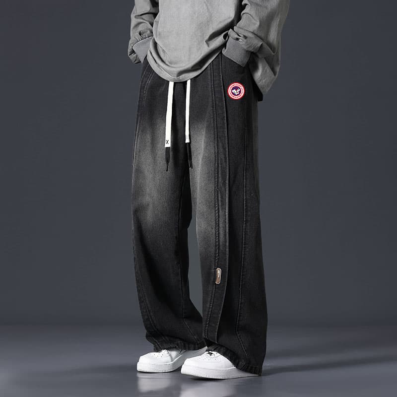 Men's China Map Embroidered Wide-Leg Jeans - Distressed Denim Pants With 3D Embroidery, Streetwear Trousers