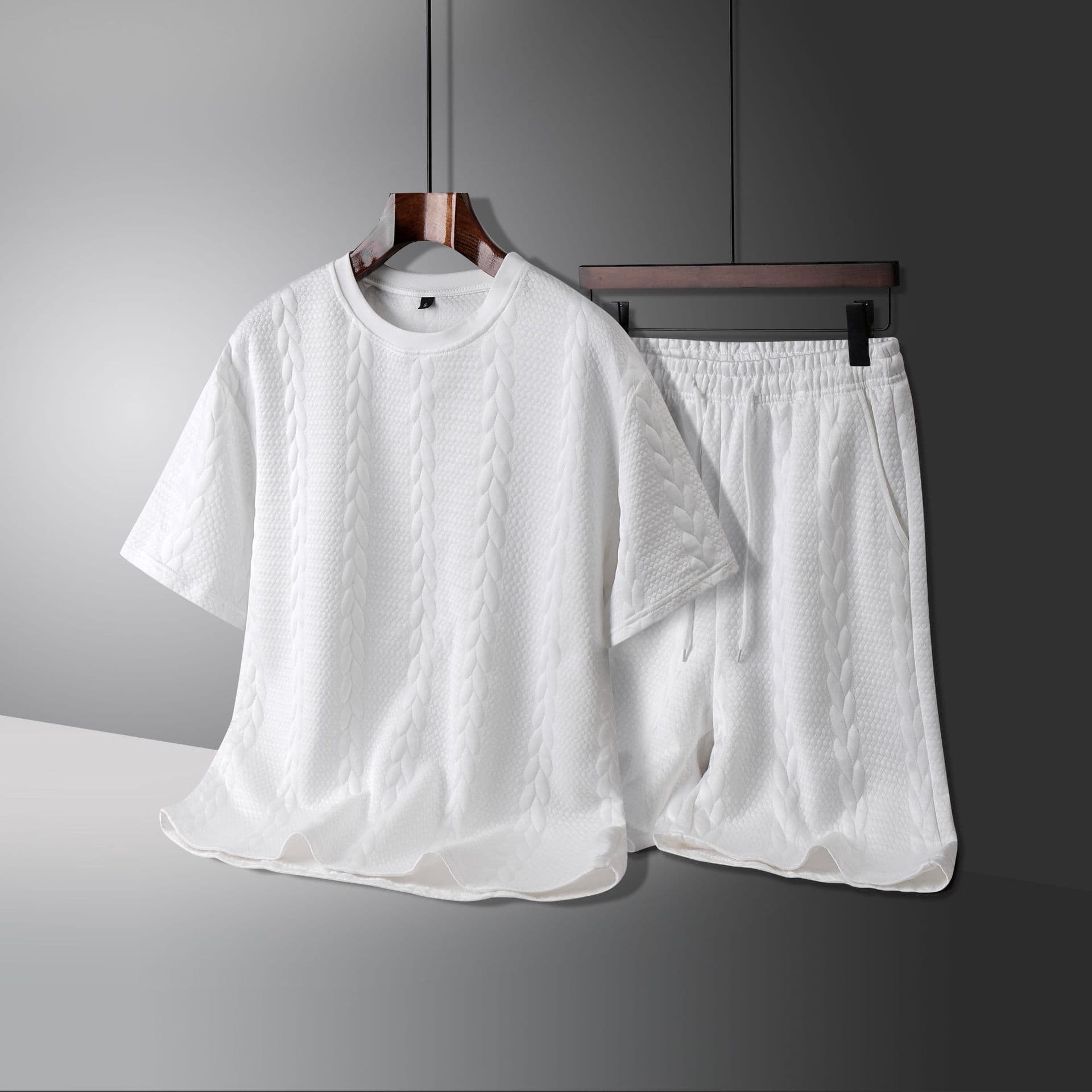 White Cable Knit Minimalist Men's T-Shirt Short Sleeved Round Neck Trendy Summer Set Hong Kong Style Casual Versatile