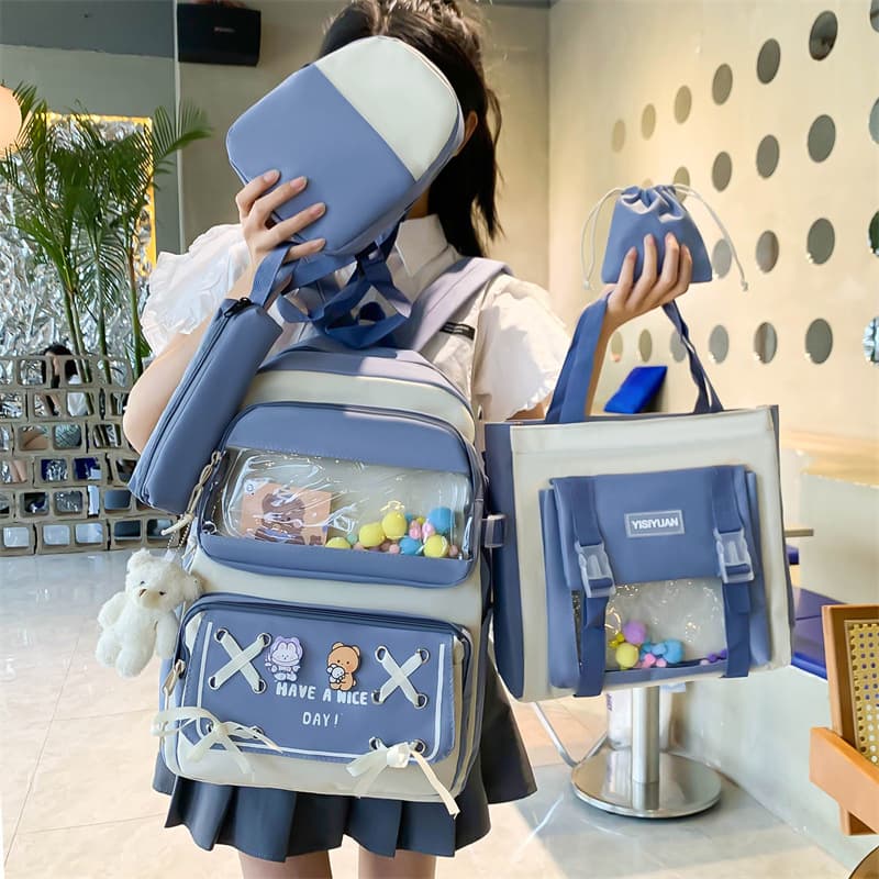 Kids & Baby's Bags new student schoolbag cute contrast color backpack high school junior high school student five piece backpack wholesale