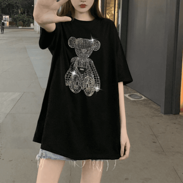Women's heavy iron drill bear T-shirt female short sleeve new loose summer base shirt student top
