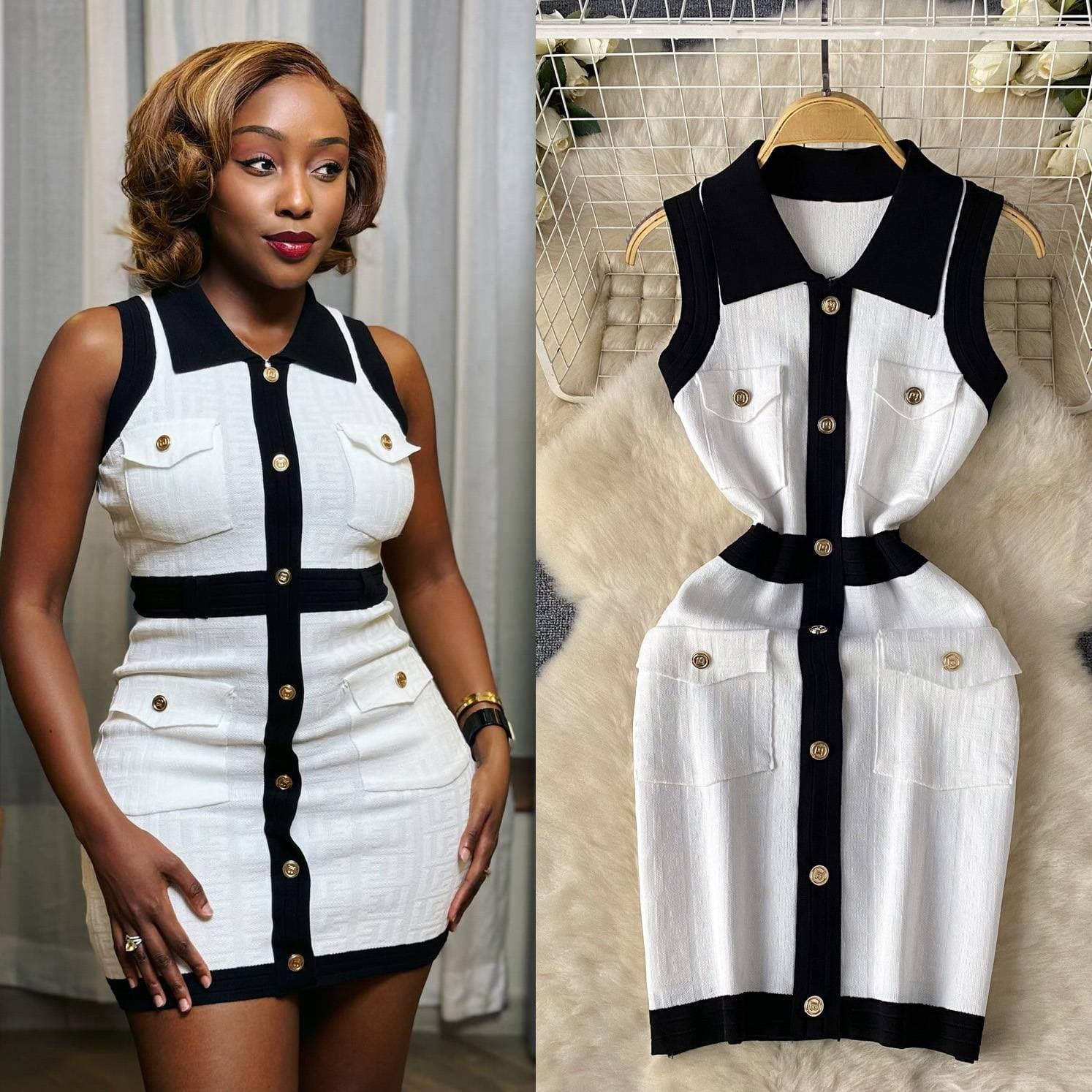 Women's Clothing Light Luxury High End Sleeveless Contrast Color Knitted Dress For Women Polo Collar Single Breasted Royal Sister Temperament Dress