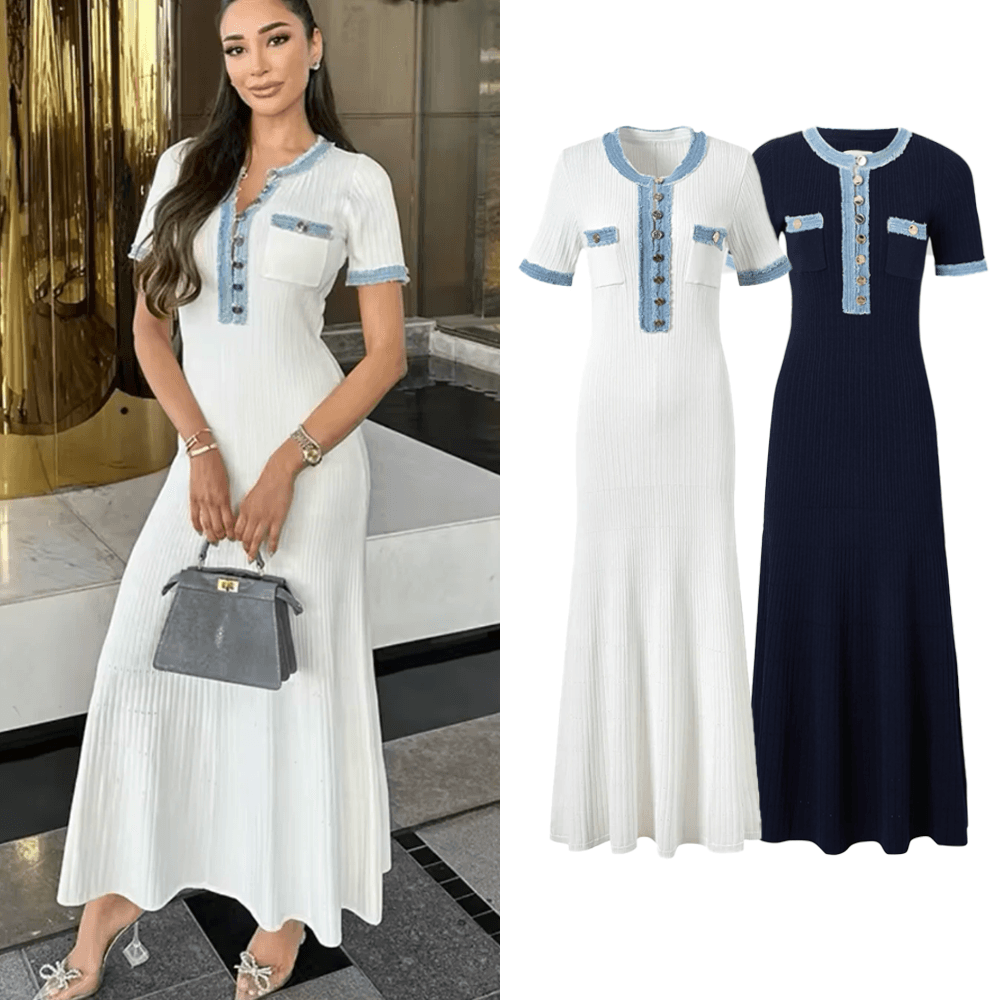 Women's Clothing Summer SD New High End Short Sleeved Waist Mid Length Skirt Half Open Collar Dress