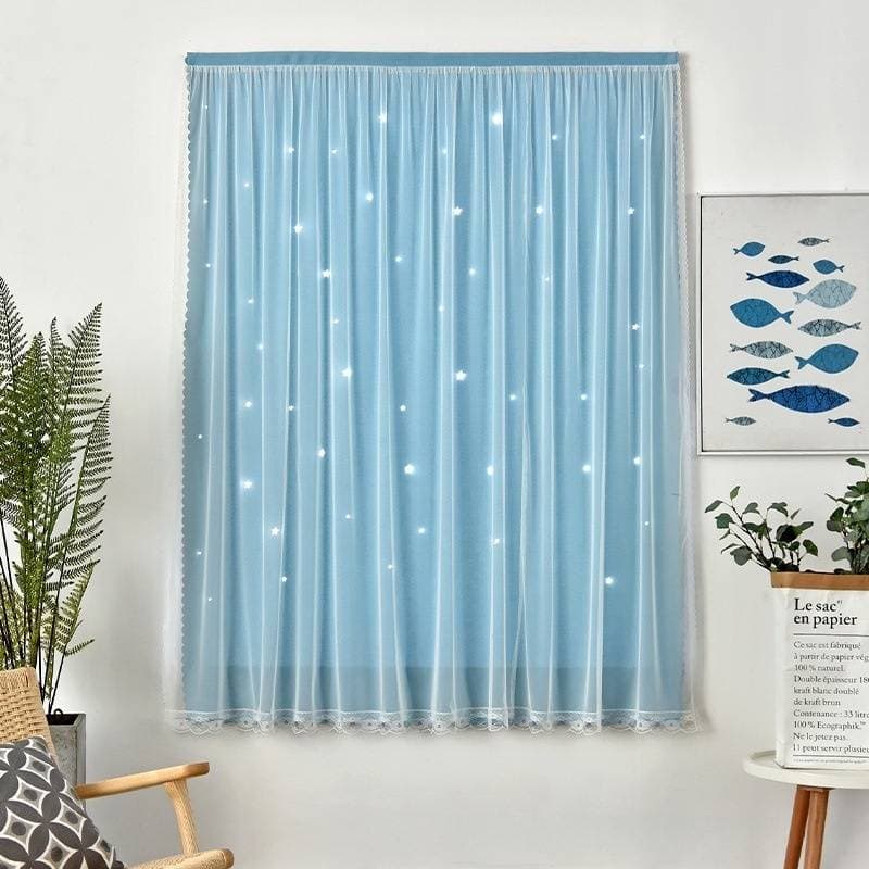 Star Cutout Blackout Curtains - No Drill Magic Tape Self-Adhesive Window Treatment (Lace Trim Light Filtering Easy Install 52x84 Inch)​
