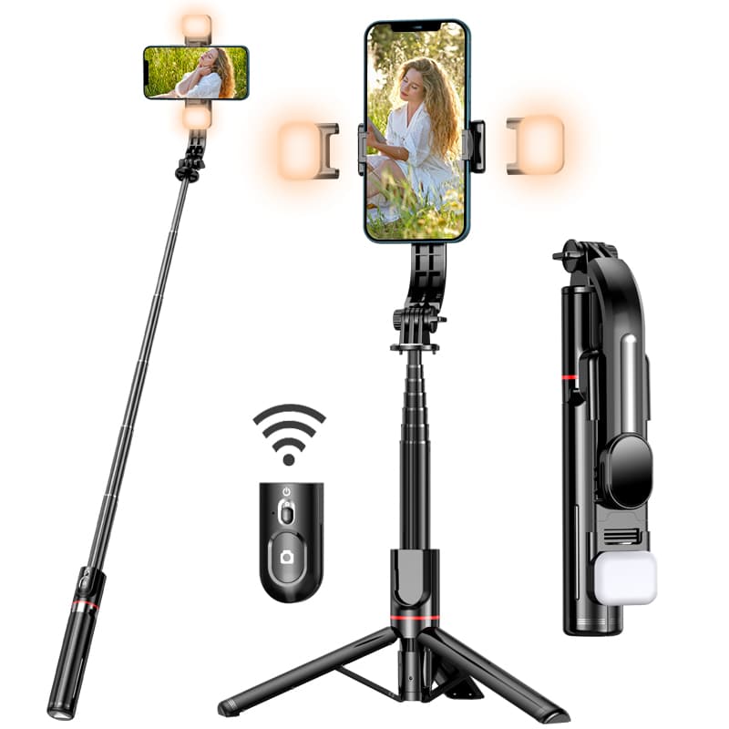 A selfie stick with upgraded tripod, with 2 fill lights, an ultra long 44.9-inch phone tripod, and a detachabl