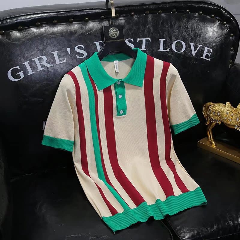 Men's Clothing retro men's fashion lapel pullover knitted polo shirt spring and summer striped color matching ice silk short sleeved T shirt