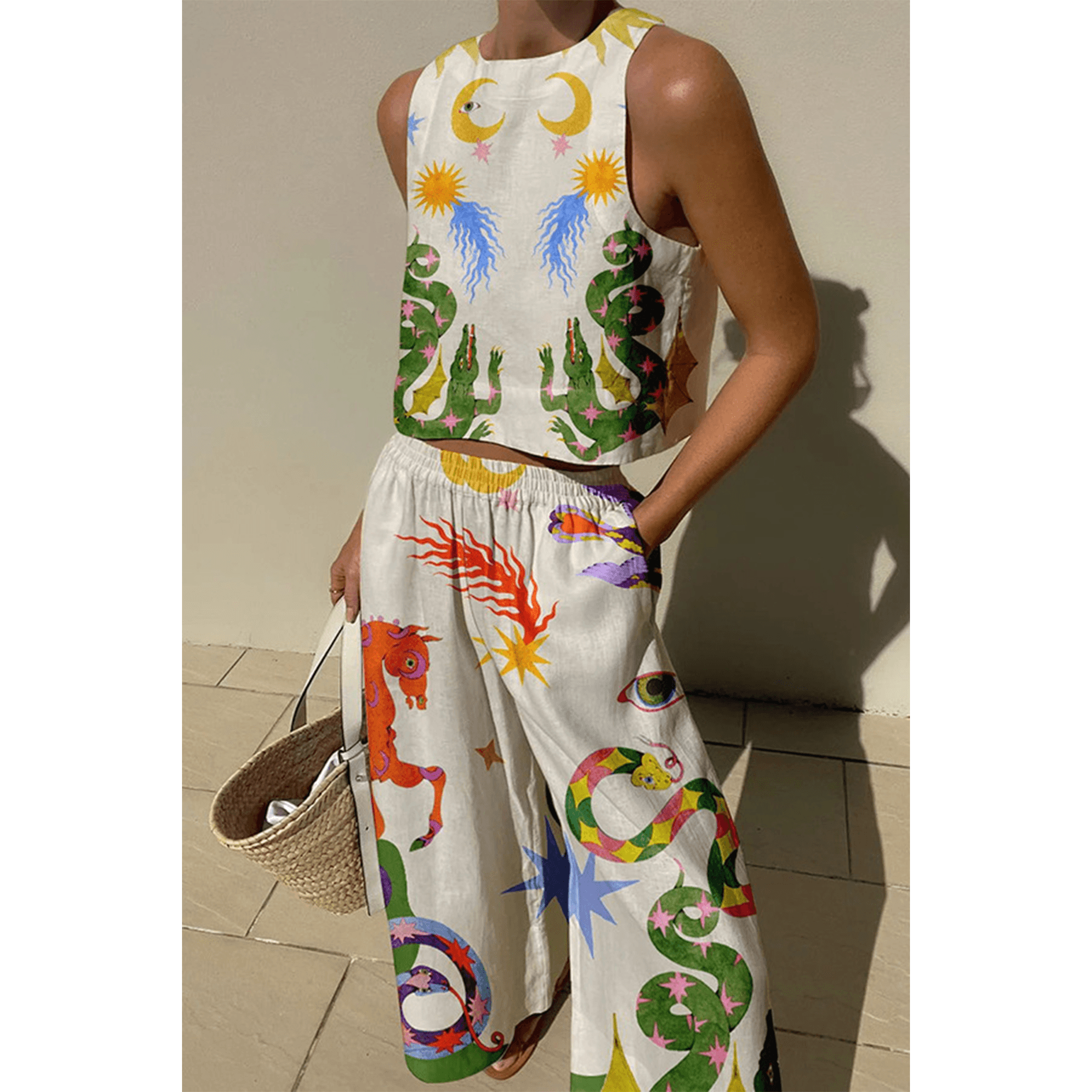 Women's Clothing Vest And Trousers Two Piece Set Fashion Casual Cotton And Linen Printed Set
