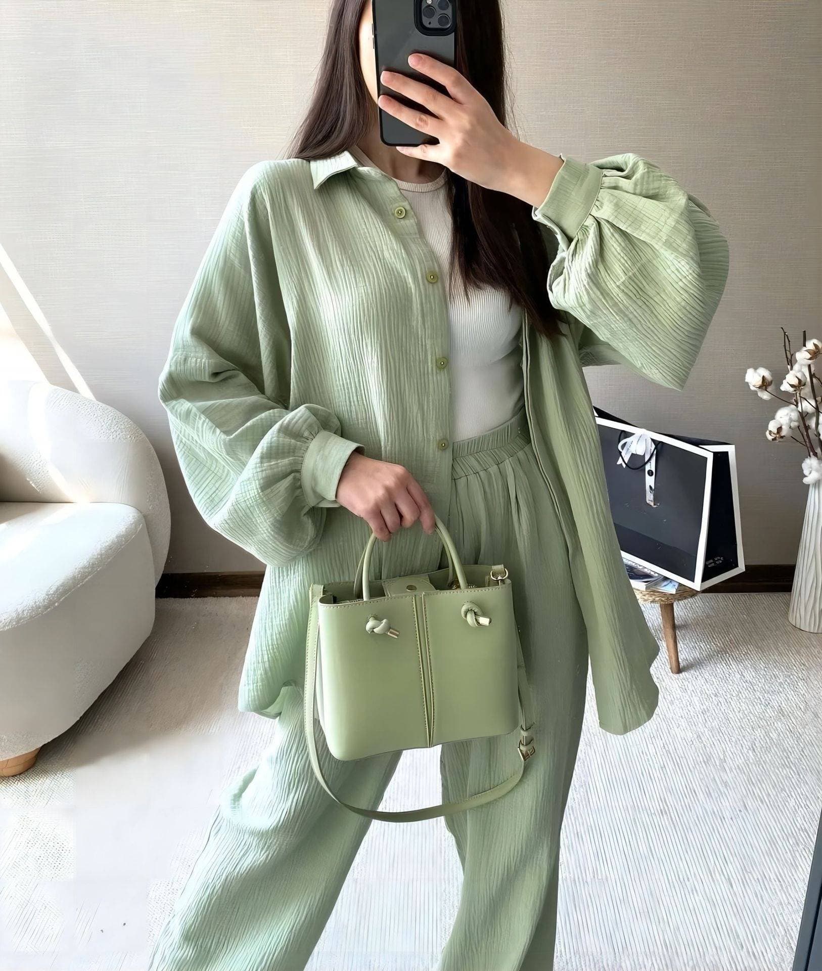 Women's Clothing Two Piece Suit Long Sleeved Lapel Shirt Button Top Elastic Waist Trousers Suit