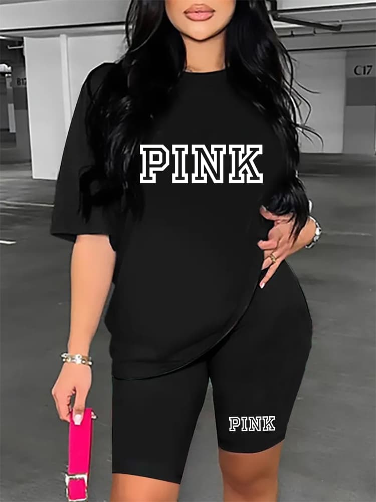 Tee Two-piece Short Sleeve Crew O-Neck Casual T-Shirt Shorts 2pcs Outfits For Spring & Summer, Women's Clothing