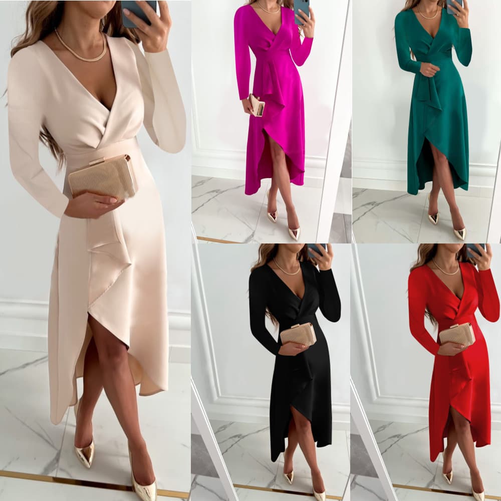 Women's Long-sleeved V-neck Pleated Hem Slit Dress For Women