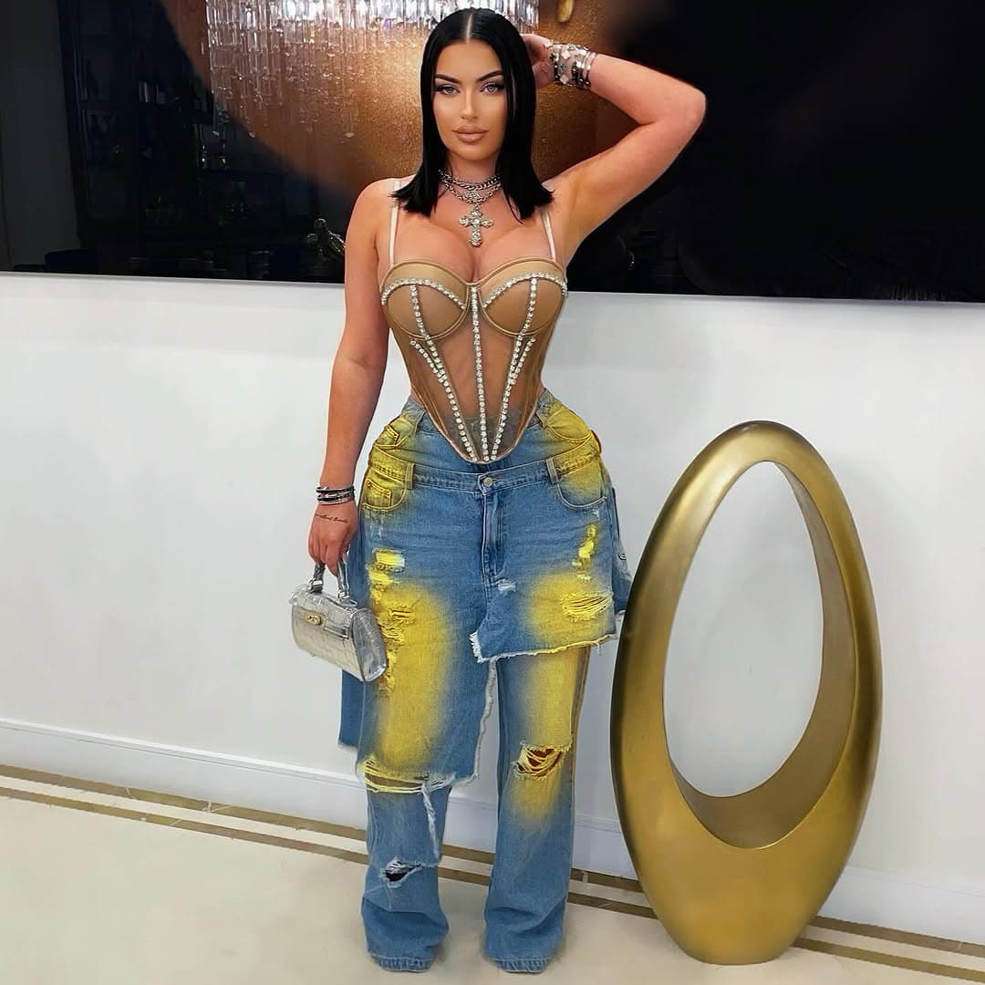 Women's Autumn/Winter Fashion Washed Distressed Denim Jeans Loose Stretch Patchwork Two Piece Trousers