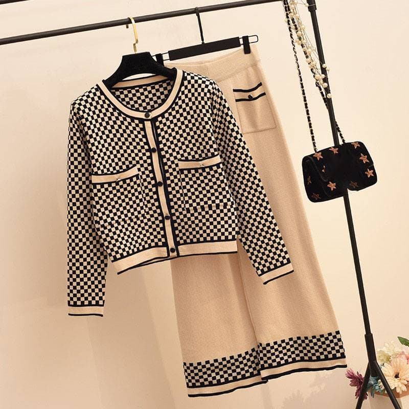 Women's Clothing Fashion Buttons High age Knitted Two piece Suit Wide leg Pants
