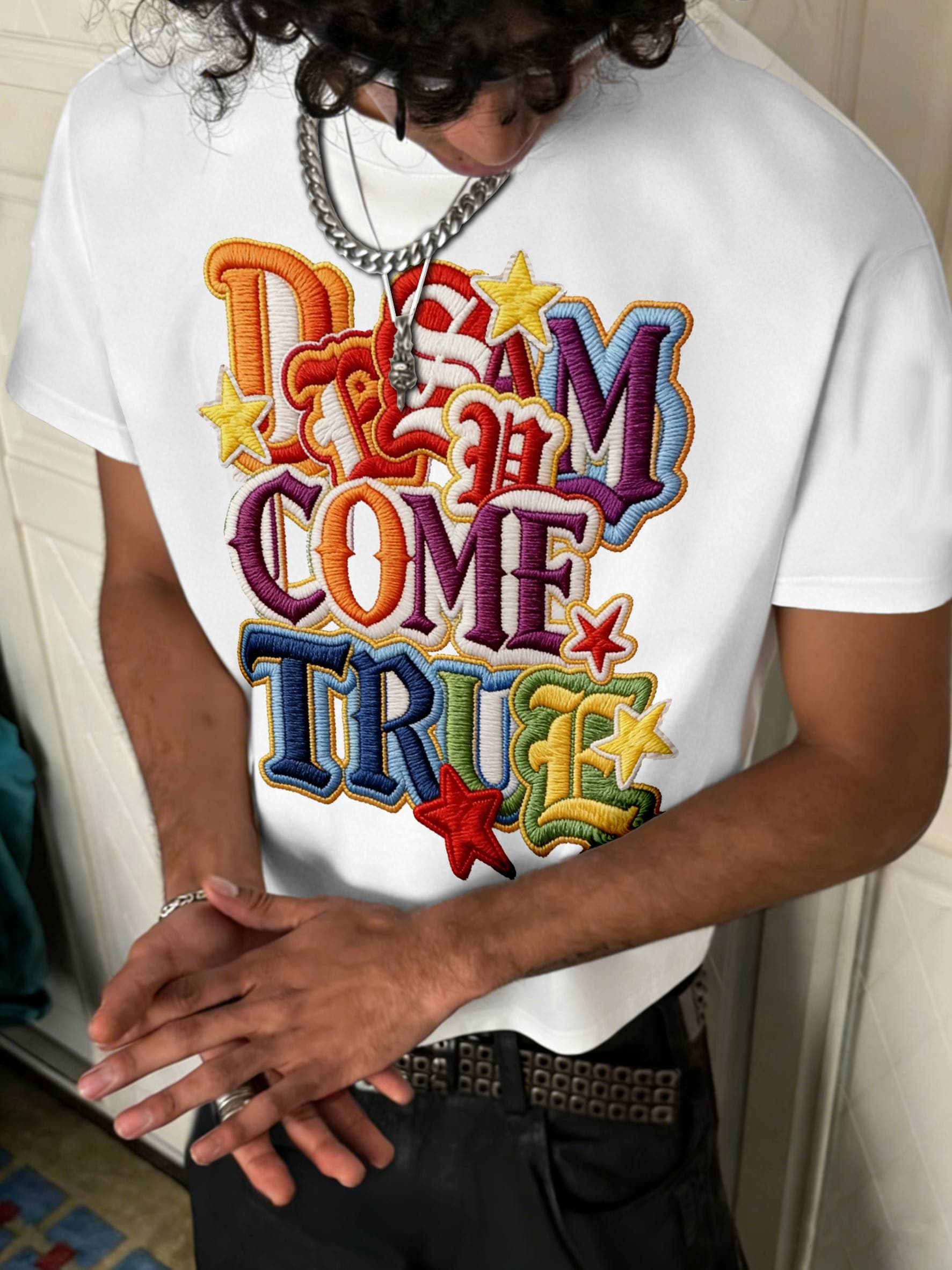 Men's 100% Cotton Casual Fashion Summer Tee, Bold "DREAM COME TRUE" Lettering With Star Embellishments Print