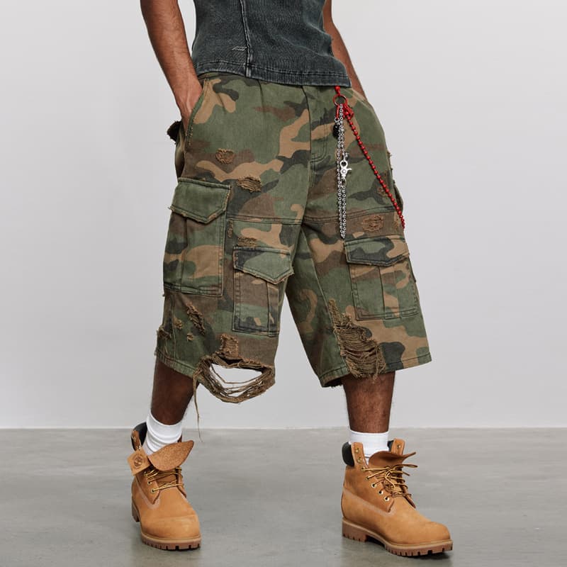Men's Clothing Stonewashed Washed Distressed Cropped Pants Overalls Loose Wide Leg Shorts