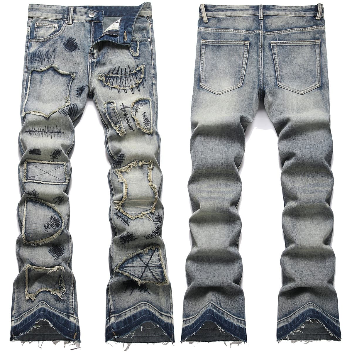 Jean slim évasé bleu délavé pour homme, taille moyenne, coupe slim - Mode urbaine avec broderies et confort élastique