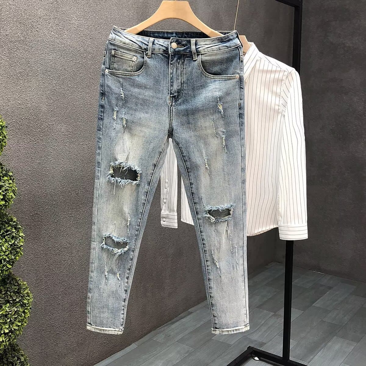Men's Clothing High end ripped slim jeans men's washed blue nine point pants men's trendy brand trendy handsome skinny pants