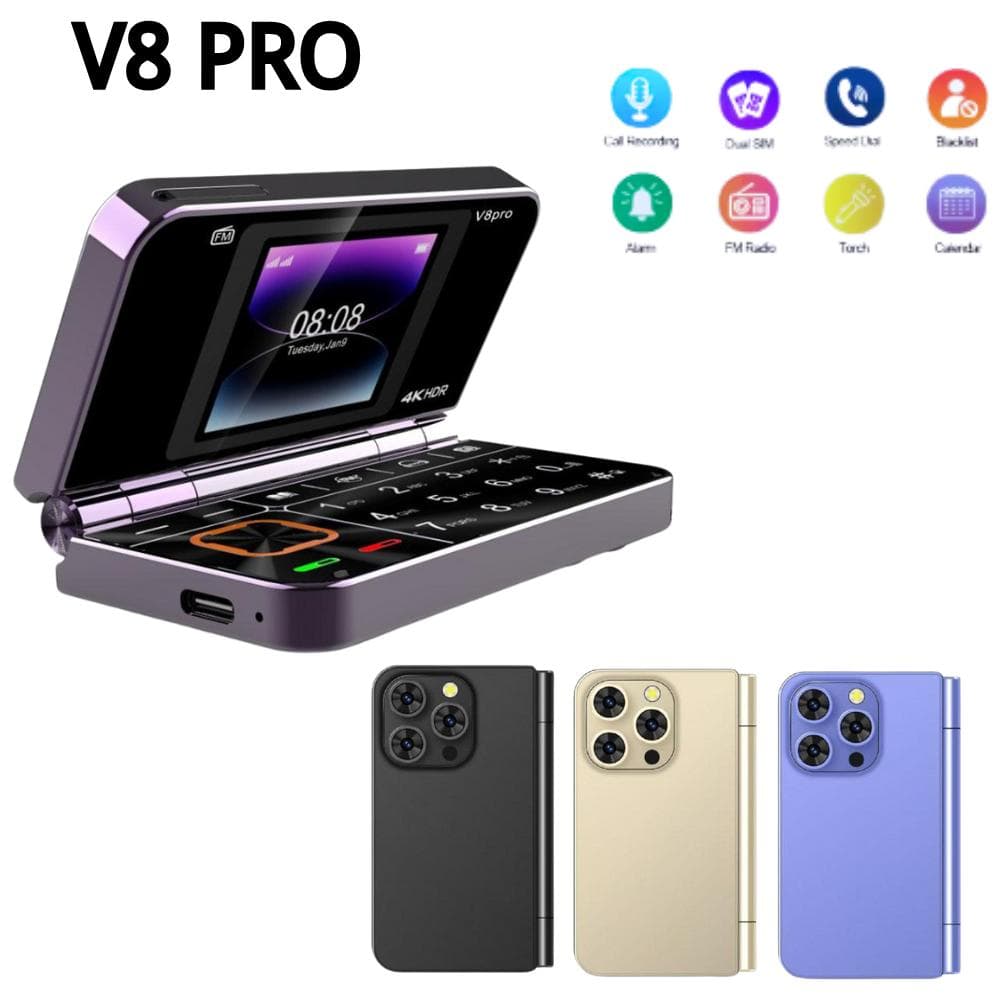 V8 PRO Flip Mobile Phone 2G GSM 1.77" Display Auto Call Recorder Speed Dial 32+64MB Memory 2SIMs Foldable Keyboard Telephone