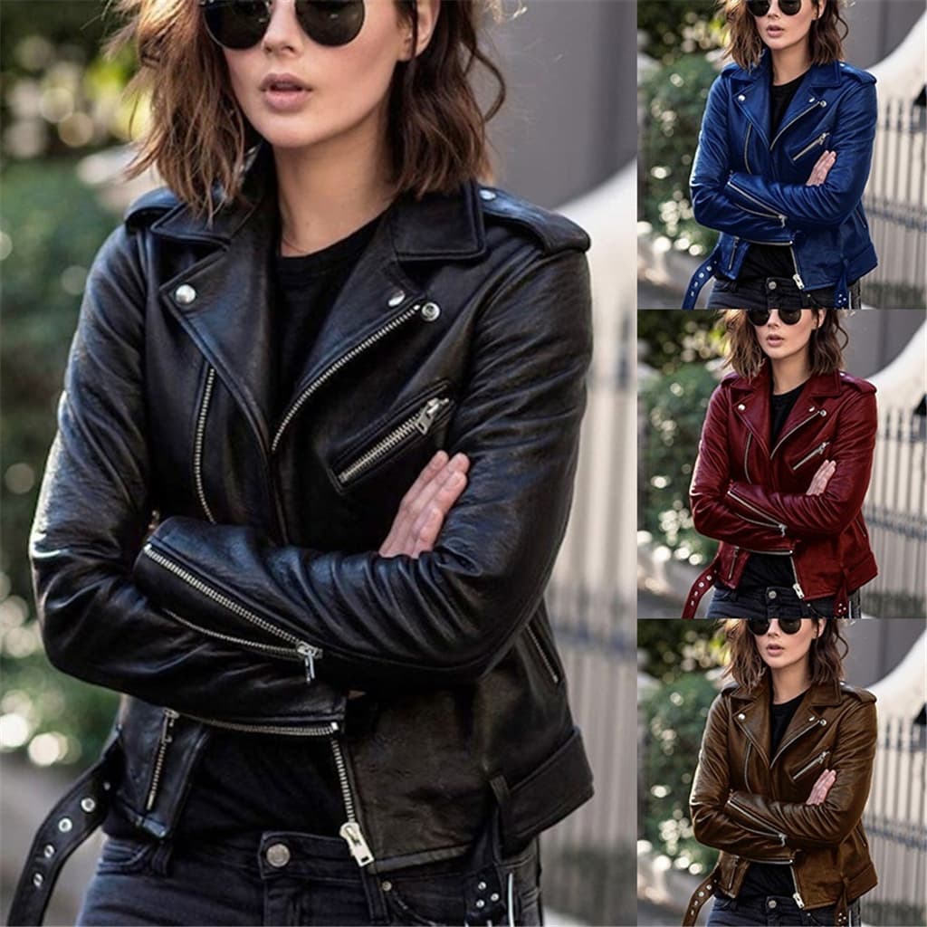 Women's Fashion Motorcycle Wear Slim Winter Jacket Pu Leather Coat