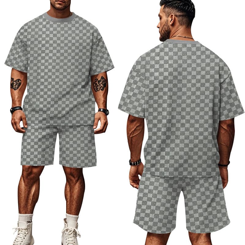 Men's Clothing Men's Summer New Jacquard Plaid Short Sleeved T Shirt Loose Large Size Straight Casual Shorts Suit