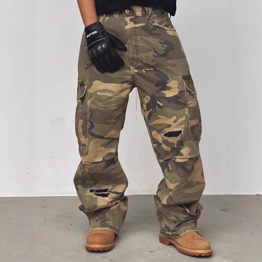 Men's Streetwear Camo Cargo Jeans – Distressed Washed Denim Pants With Patch Pockets (S-3xl) Functional Edge