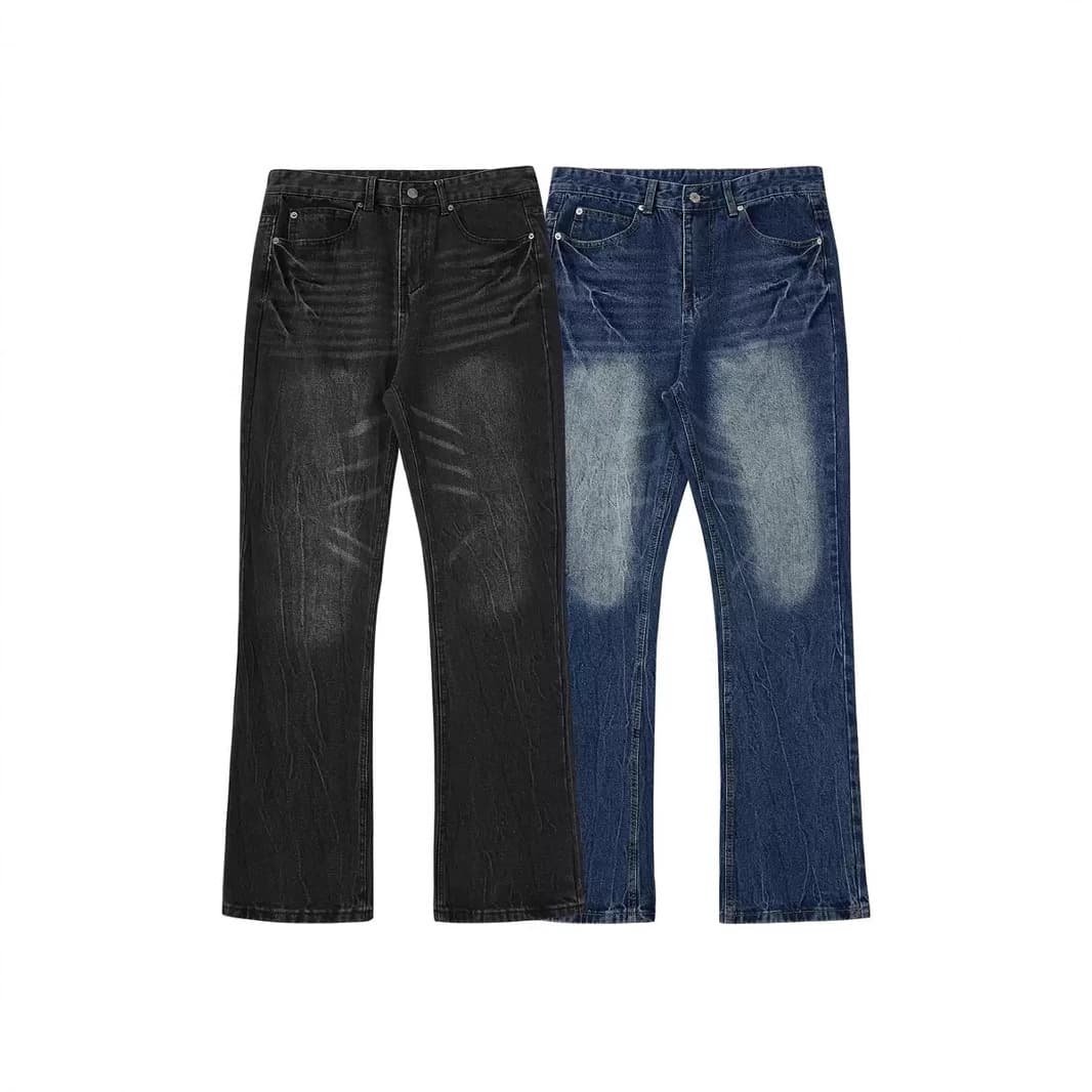 RDT Men's Clothing|American Style Vibe Lightning Burst Pattern Blue Jeans For Men Trendy Slightly Flared Cleanfit Pants