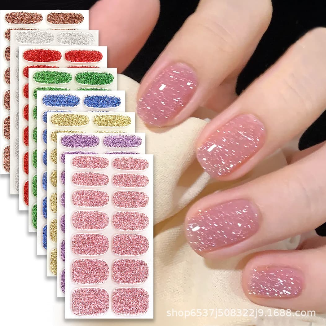 High-end 14-piece No-lamp Needed Glitter Cute Y2K Flash Gel Cross-border Nail Stickers, Long-lasting And Waterproof
