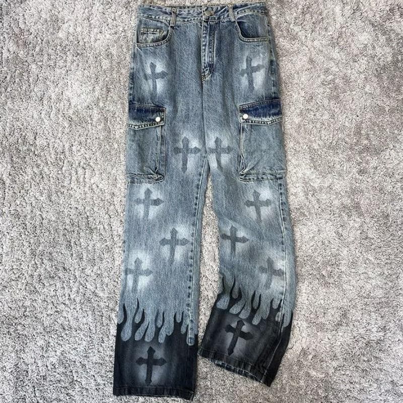 Men's Clothing High Street Flame Splash Wash Jeans Straight Mid Waist Trousers