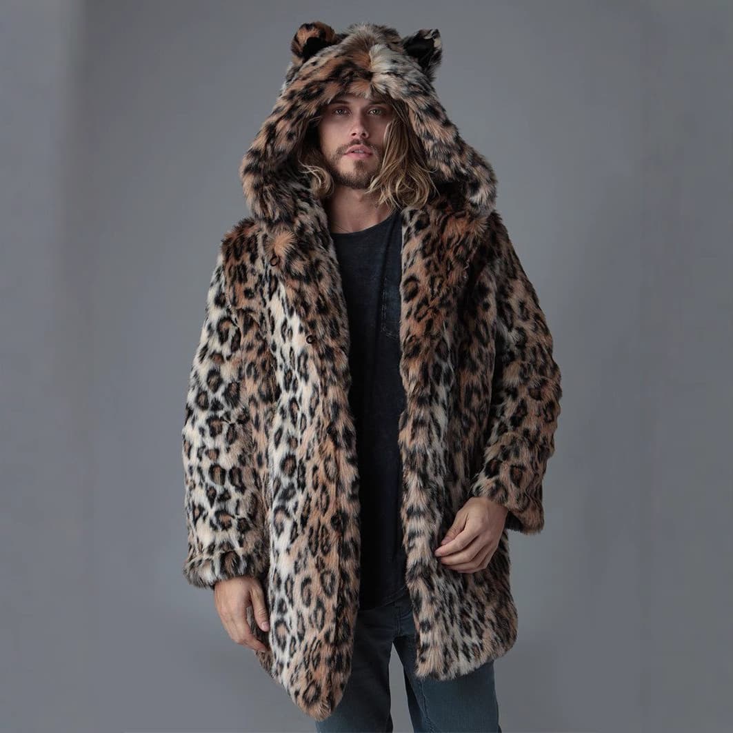 Men's Faux Fur Hooded Coat With Leopard Print, Winter Warm Long Jacket For Streetwear Fashion