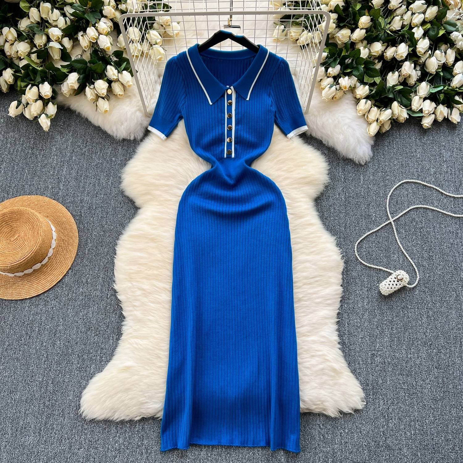Women's Clothing new design color matching short sleeves Polo collar slim fit knitted hip skirt