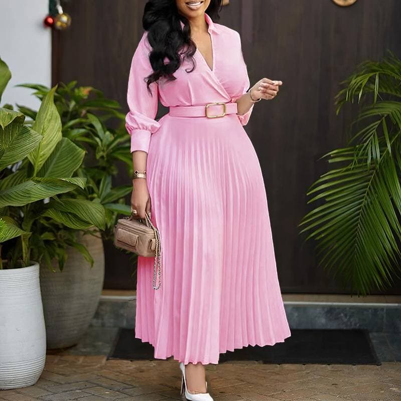 Women's Clothing Pure Color Elegant Lapel Long Sleeve Large Swing Skirt Pleated Dress