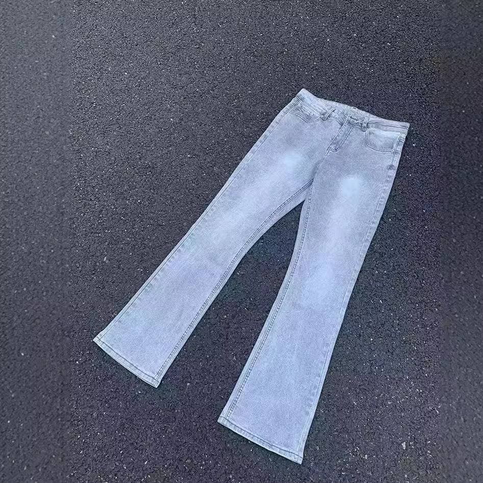 ​​Cement Gray Stretch Flared Jeans – Cleanfit High Street Washed Distressed Denim For Men & Women – Vintage-Inspired Straight Leg​​